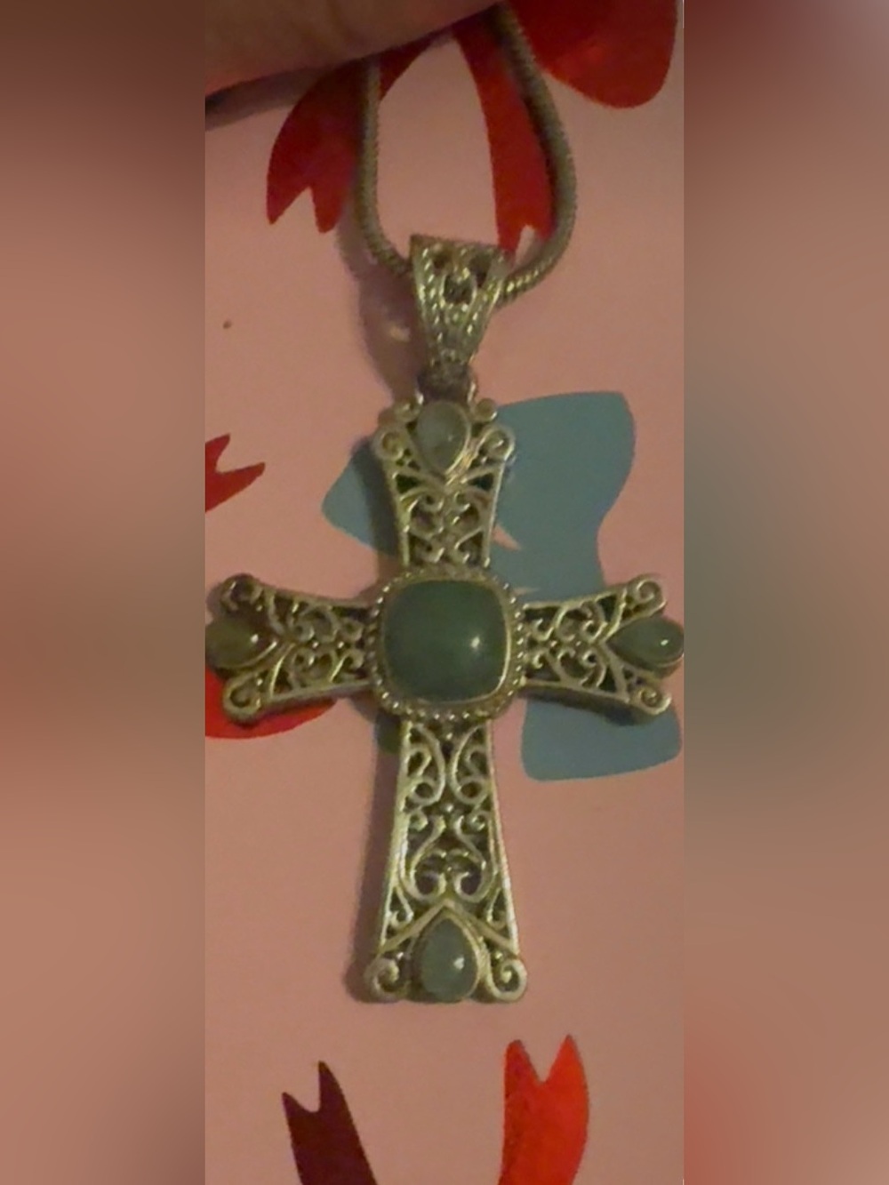 Silver Filigree Cross Pendant Necklace with Pale Green Stones